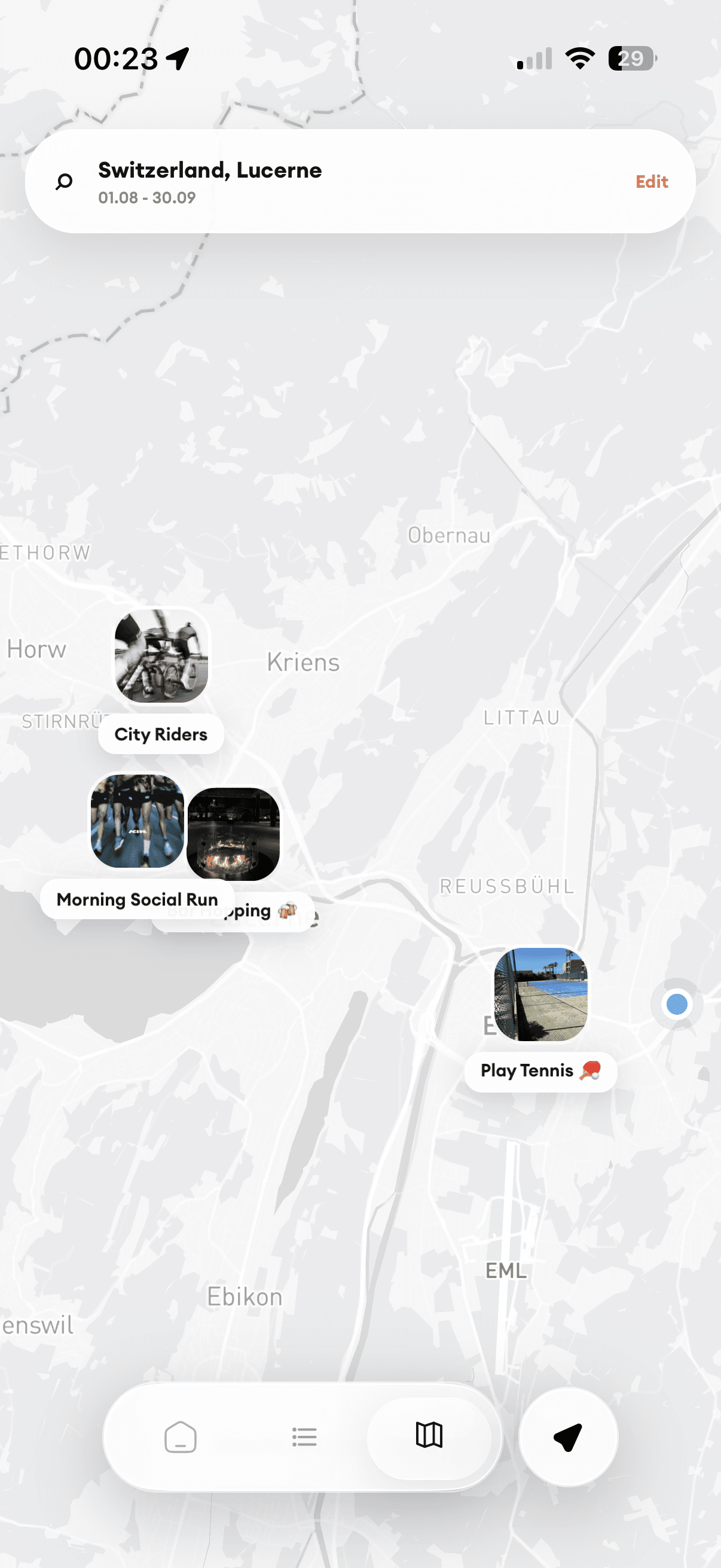 Travyl map view with experiences and communities in Lucerne